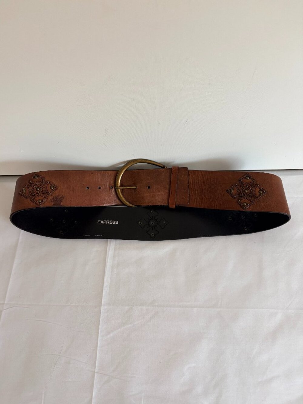 Express Women's Belts Wide Distressed Genuine Leather Studs Boho Brown Size L